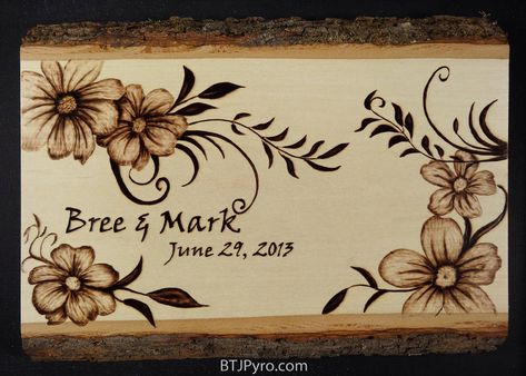 Wedding date - woodburning by brandojones Burning Flowers, Pyrography Designs, Pyrography Ideas, Wood Burning Techniques, Woodburning Ideas, Wood Burning Projects, Wood Burn Designs, Pyrography Patterns, Wood Burning Tool