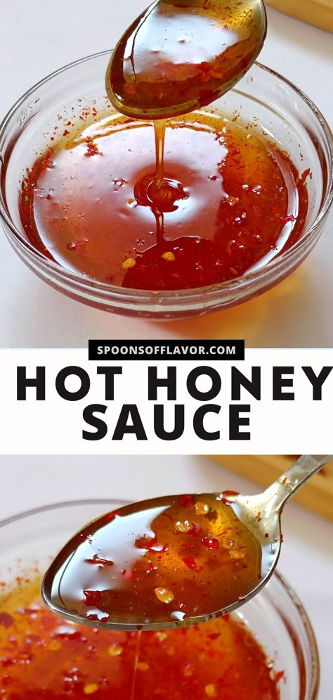 Image showing hot honey sauce in a bowl. Homemade Hot Honey, Hot Honey Sauce, Hot Honey Recipe, Wing Sauce Recipes, Homemade Sauce Recipes, Hot Sauce Recipes, Honey Sauce, Homemade Condiments, Condiment Recipes