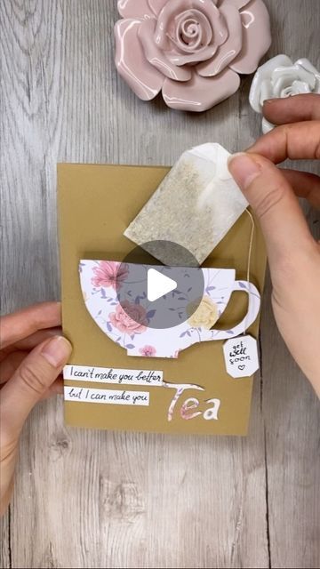 Katharina Tarta on Instagram: "Just a little trick to make anything on your card ‚pop out‘ a little 😉 Plus it was super convenient for this get well card because with the cup elevated I could put the tea bag ‚in‘ it without bending the cup 😊 Anyway, I hope you like this trick and the card 😊🤧🌸 #cardmaking #getwellsooncard #cardmakingtutorial" Get Well Cards Handmade Cute Ideas, Diy Cards Get Well, Diy Tea Bags, Get Well Soon Cards, Handmade Invitation Cards, Tea Cup Card, Life Is A Game, Victorian Crafts, Teacup Crafts