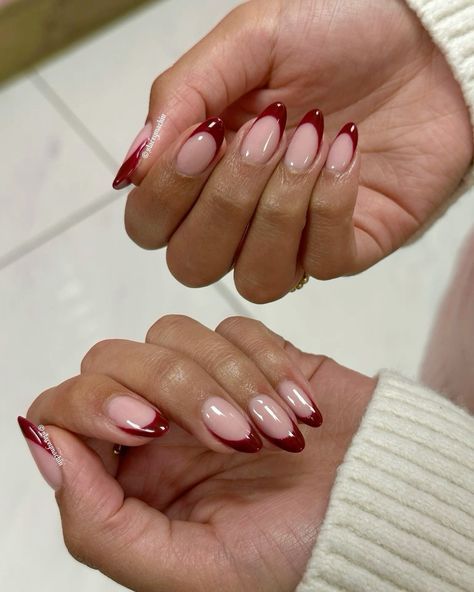 Ref French Nails, French Manicure Burgundy, Burgundy French Tips Almond, Dark Cherry Red Nails French Tip Almond, Berry French Tip Nails, Gel X Red Nails, Nail Red French Tip, Cherry Red Nails French Tip, Red French Manicure Nails