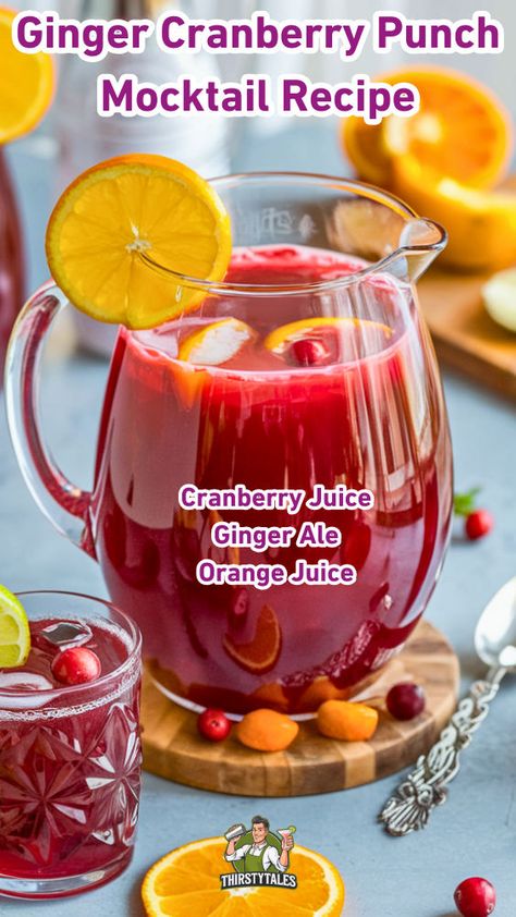 "Celebrate the season with this refreshing Ginger Cranberry Punch mocktail recipe! Perfect for holiday gatherings, this festive beverage combines the zesty flavor of ginger with the tartness of cranberry. Ideal for anyone seeking non-alcoholic cocktails, this easy punch recipe will delight your guests and elevate your holiday drinks. Discover how to make this delicious Ginger Cranberry Punch and impress everyone with your mixology skills! Perfect for any celebration!" Non Alcoholic Drinks Holiday, Easy Punch Recipe, Punch Mocktail, Christmas Mocktail Recipes, Fall Punch Recipes, Party Punch Alcohol, Ginger Ale Drinks, Cranberry Mocktail, Drinks With Cranberry Juice