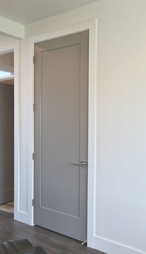 Choosing Interior Door Styles and Paint Colors: Trends Update Doors, Interior Door Colors, Grey Interior Doors, Baseboard Styles, Flat Trim, Interior Door Styles, Interior Door Trim, Baseboard Trim, House Trim