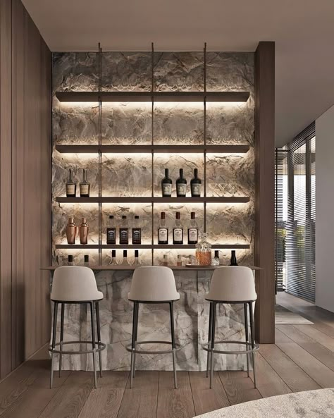 Coffee Corner Modern Luxury, Modern Mini Bar Designs For Home, Modern Home Bar Designs Small Spaces, Mini Bar Designs For Home, Bar Against Wall, Bar Counter Design Home, Home Bar Designs Luxury, Diy Dry Bar, Modern Wet Bar