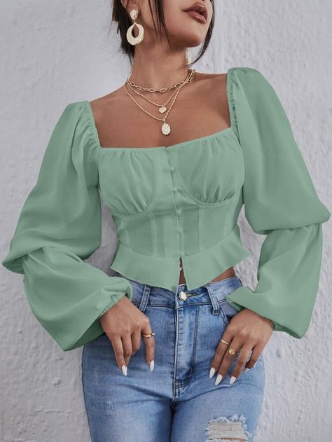 Square Neck Lantern Sleeve Ruched Crop Blouse | SHEIN USA Crop Pattern, Lantern Sleeve Top, Corset Shirt, Plain Style, Bishop Sleeve, Women Blouses, Summer Fabrics, Crop Blouse, Lantern Sleeve