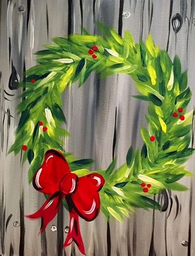 Paint Nite: Holiday Red Bow Wreath Diy Christmas Canvas, Christmas Painting Ideas, Christmas Window Painting, Paint Night Ideas, Diy Christmas Paintings, Paint Party Ideas, Christmas Canvas Art, Christmas Wreaths Diy Easy, Christmas Paintings On Canvas