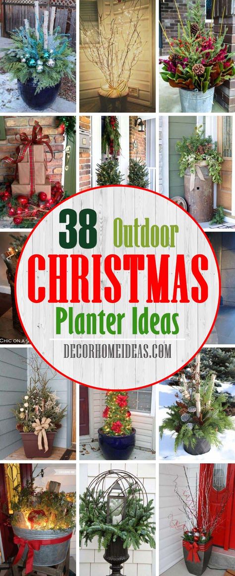 Best Outdoor Holiday Planter Ideas. How to decorate outdoors for Christmas with planters. Best porch planters and pot ideas with evergreen branches, berries & pine cones! #decorhomeideas Winter Porch Pots, Large Pine Cones, Porch Pots, Outdoor Christmas Planters, Whimsical Christmas Decor, Holiday Planter, Winter Planter, Fall Containers, Silver Christmas Decorations