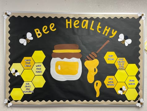 Spring Bulletin Board: Bee Healthy! School Health Office :) Pediatric Board Ideas, Selfcare Bulletin Board, Health Boards School, Nursing School Bulletin Board, Healthy Habits Bulletin Board Ideas, Health Education Bulletin Boards, Bee Healthy Bulletin Board, Bulletin Board Ideas For Nurses Office, Health Care Bulletin Board Ideas