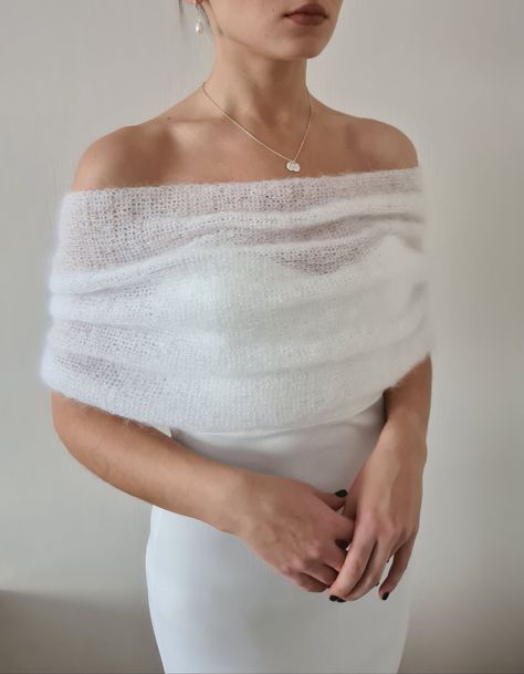 *MARY* wrap This shoulder wrap will beautifully cover the shoulders during the ceremony. It is a great complement to your outfit that provides both warmth and style This wrap is also a great idea for your loved ones * Soft feather light yarn * 60% finest mohair, 40% polyamid * Made by your personal measurement * Elegant off the shoulder style * Closure for decorative use only * 100% handmade CARE Gentle hand wash 30 degrees Lay flat on surface to dry and iron with steam if necessary with a prote Winter Evening Dresses, Bridal Cape Winter, Wrap Wedding Dress, Winter Wedding Shawl, Warm Dress, Winter Bridal Showers, Dress Cape, Bridal Cover Up, Bridal Shower Outfit