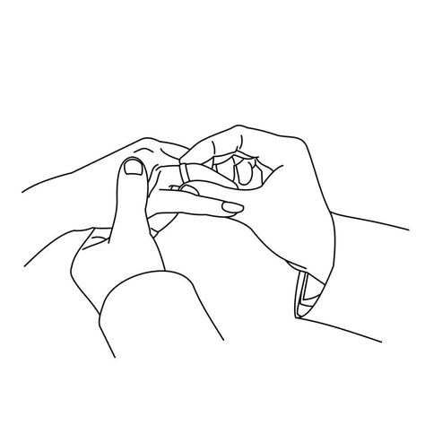 Illustration of line drawing a closeup of hands exchanging wedding rings. Wedding couple hands. Groom put a wedding ring on bride hand. Man placing an engagement ring on his girlfriend's ring finger Rings Engagement Drawing, Wedding Ring Drawing, Mains Couple, Hand With Ring, Wedding Ring Hand, How To Draw Fingers, Ring Sketch, Girlfriend Ring, Tato Minimal