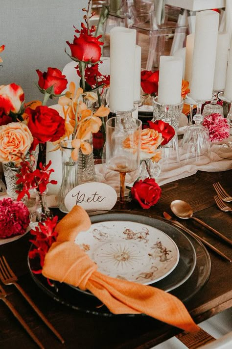 Orange and red wedding decor | Wedding & Party Ideas | 100 Layer Cake Orange Party Theme, Orange And Red Wedding, Wedding Colors 2025, Bridesmaid Dresses Orange, Red Wedding Decor, October Wedding Colors, Orange Wedding Decorations, Ceremony Arch Decor, Bridesmaid Dresses White