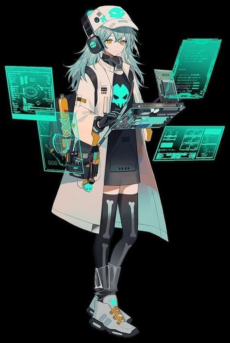 Cyberpunk Anime Character Design, Anime Sci Fi Character Design, Technology Character Design, Cyberpunk Ideas Character Design, Computer Character Design, Anime Cyberpunk Outfit, Cyberpunk Oc Girl, Cyberpunk Clothes Design, Cyberpunk Art Girl