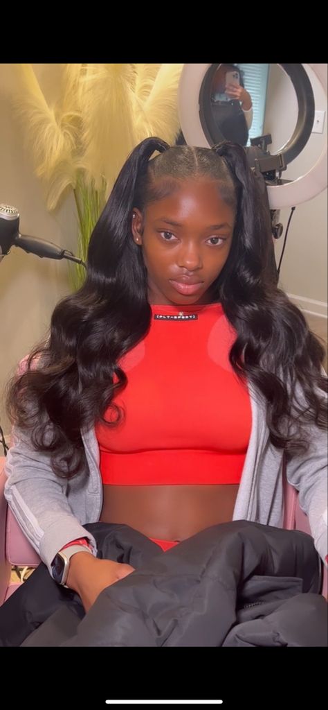 Quick Weave Hairstyles Ponytail Half Up Half Down, Sew Ins Ponytails, Half Up Two Ponytail Hairstyles, Sew In With 2 Ponytails, Cute Up Down Hairstyles, Half Up Half Down Hair With Ponytail, Two Ponytails And Hair Down, Half Up Half Down To Ponytails, Sew In Two Ponytail Hairstyles