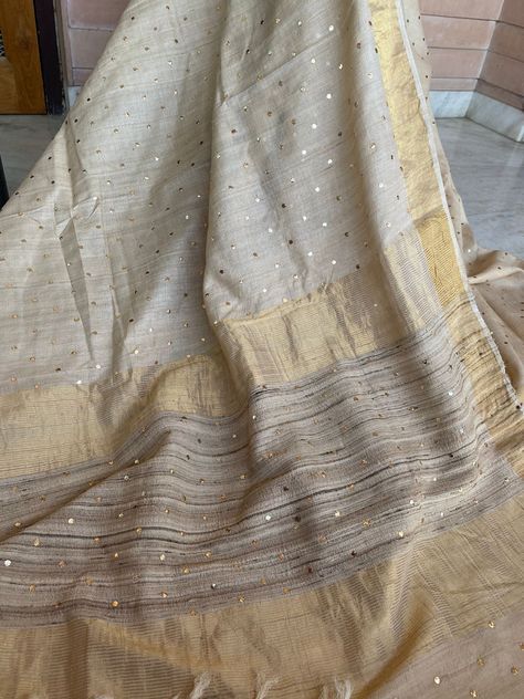 Pure Handloom khadi tusser silk saree with beautiful Mukesh work done(dye able) #khadi #khadisaree #silk #silksaree #zariwork #addons Mukesh Work Saree, Khadi Sarees, Mukesh Work, Partywear Suits, Saree Ideas, Khadi Saree, Indian Saree, Work Sarees, Saree Dress