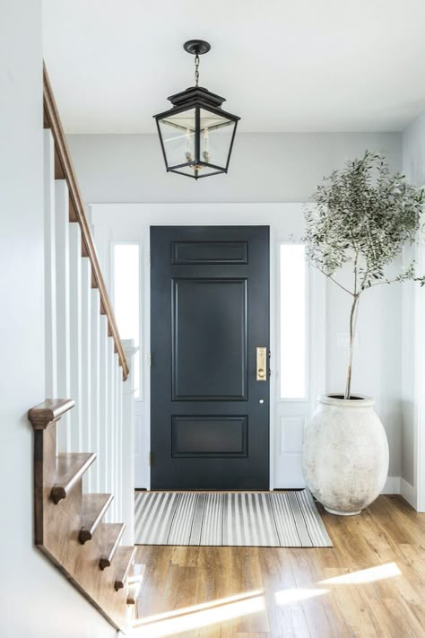 Black Front Doors Interior Entryway, Transitional Entry, Interior Front Door, Front Door Interior, Black Front Doors, Entryway Inspiration, Apartment Decoration, Entrance Foyer, Black Door