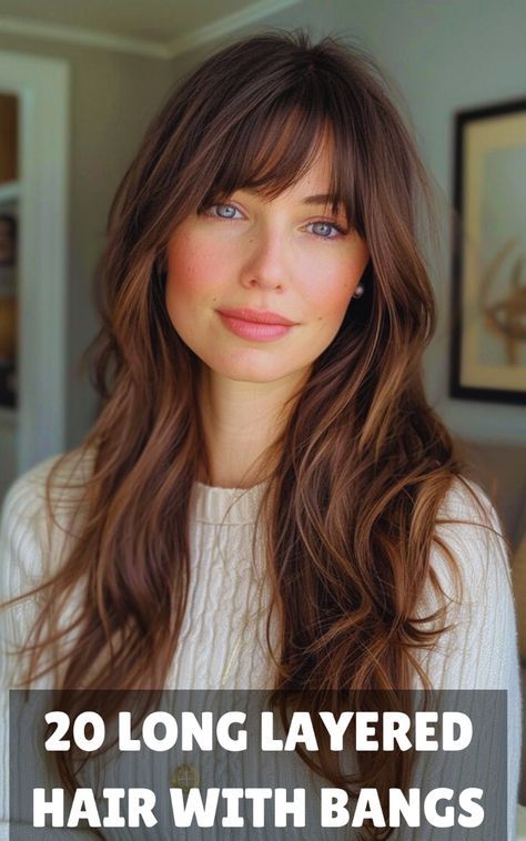 Achieve effortless glamour with these beautiful long layered hairstyles with bangs. Perfect for any occasion, these looks add volume and sophistication to your hair. Get inspired by our top picks! Haircuts For Long Hair No Styling, Fall Bangs Haircut, Different Style Bangs For Long Hair, Bangs With Very Long Hair, Center Part Bangs Long Hair, Hair Styles With Fringe Bangs, Long Layer Hair With Bangs, Long Layers With Short Bangs, Curtain Fringe Bangs Long Hair