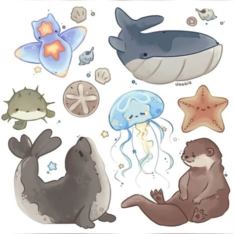 Starfish Drawing Aesthetic, Ocean Creatures Illustration, Sea Animals Aesthetic Drawing, Cute Whale Illustration, Cute Sea Otter Drawings, Drawing Of Sea Creatures, Sea Animals Doodle, Ocean Doodles Aesthetic, Ocean Animal Doodles