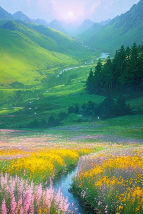 This digital artwork depicts a beautiful green valley surrounded by majestic mountains. Tall trees dot the landscape, while colorful flowers add splashes of vibrant hues. The scene evokes a sense of serenity and peacefulness, inviting the viewer to escape the hustle and bustle of everyday life and immerse themselves in the tranquility of nature. Beautiful Valleys Nature, Vibrant Landscape Photography, Flower Valley Painting, Fantasy Valley Landscape, Mountain Drawing Color, Peaceful Nature Photos, Nature Scenes Landscapes, Mountain And Flowers, Land Of Flowers