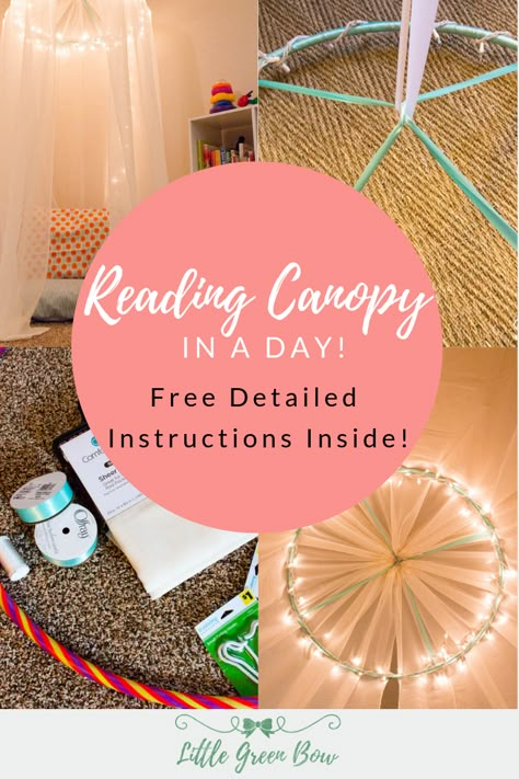 Looking for an easy reading canopy tutorial for your child's room? This reading canopy can be completed in an afternoon and costs less than $30. Simple to make, beautiful to look at, and a calm space for your child. What more could you want? Free detailed instructions inside! Reading Nook Canopy Diy, Diy Canopy Reading Nook, Canopy In Living Room, Diy Canopy Tent Bedroom, Diy Princess Bed Canopy, Diy Bed Canopy For Kids, Diy Bed Canopy Easy, Diy Reading Nook For Kids, Kids Room Diy Decor