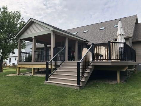 timbertech porch builders Addition With Deck On Top, Large Deck With Screened In Porch, Add Covered Deck To House, Back Deck Covered Porch, Screened In Deck Addition, Low Pitch Roof Porch Addition, Covered Deck Designs Porch Addition, Covered Deck Extension Ideas, Half Covered Half Open Deck