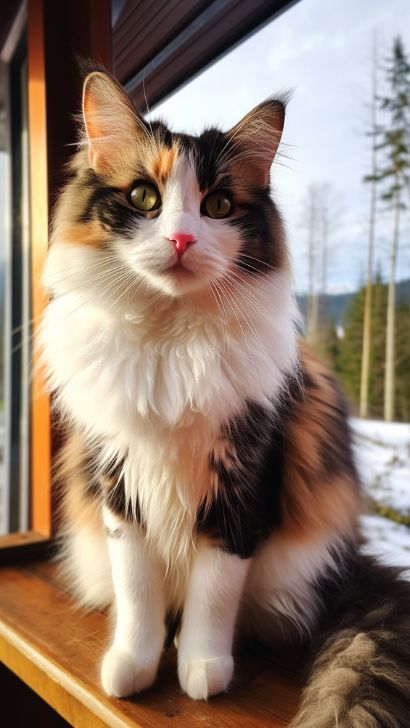 Calico Norwegian Forest Cat - PICTURES &amp; Breed Profile Of A Calico Norwegian Forest Kitten Cats Norwegian Forest, Calico Norwegian Forest Cat, Calico Cat Aesthetic, Fluffy Calico Cat, Norwegian Forest Cat Kitten, Cats Colors, Norwegian Forest Kittens, Majestic Cats, Cute Calico Cat