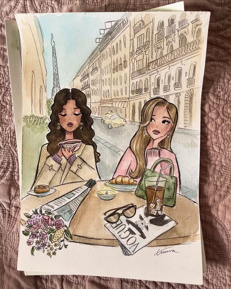 Girls Drawing Aesthetic, 2 Girls Drawing, Emmzonn Art, Drawing For Friends, Fashion Girl Drawing, Emma Drawing, Girly Paintings, Paris Drawings, Eating Drawing