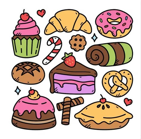 Bakery Doodle Art, Food Doodle Art Illustrations, Sweets Drawing Easy, Baked Goods Drawing, Cake Doodle Drawing, Cute Cake Illustration, Sweets Doodles, Bakery Doodles, Cartoon Cake Drawing