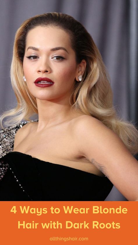 Rita Ora Blonde Hair, Hair Styles For Grown Out Roots, Dark Hair Roots With Blonde, Grown Out Roots Blonde, Growing Out Blonde Hair With Dark Roots, Dark Blonde Roots, Grown Out Blonde, Grown Out Roots, Grown Out Blonde Hair