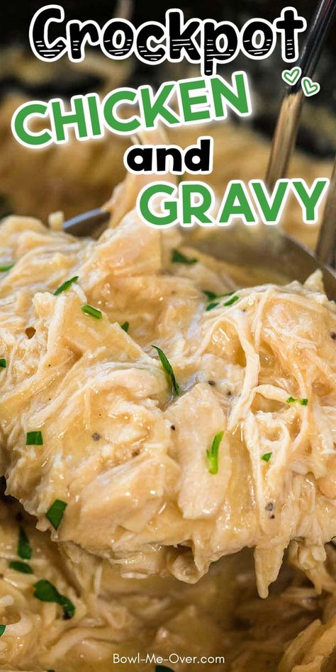 A close up to shredded chicken and creamy sauce with Pinterest overlay. Chicken Gravy And Biscuits, Crockpot Chicken And Gravy, Summer Crockpot, Chicken Gravy Recipe, Chicken And Gravy, Slow Cooker Meal, Chicken Breast Crockpot Recipes, Chicken Mashed Potatoes, Serve Over Rice