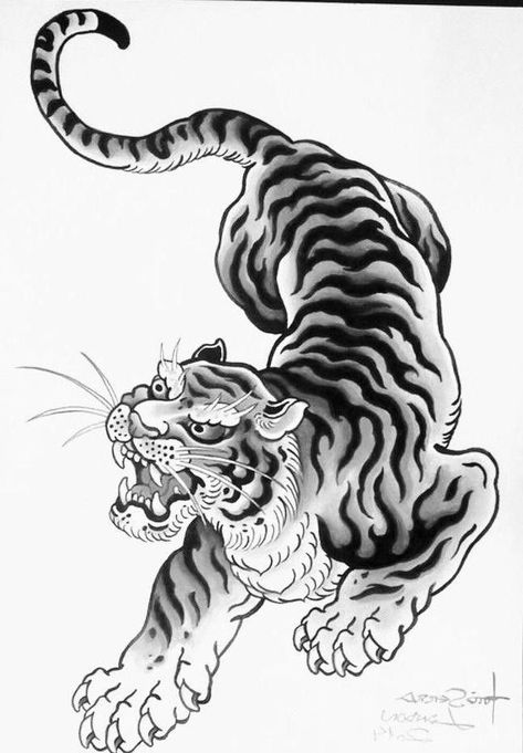 Traditional Tiger Tattoo, Tato Tradisional, Japanese Tiger Tattoo, Tattoo Japanese Style, Tattoo Black And White, Japanese Tiger, Tiger Tattoo Design, Japan Tattoo Design, Fu Dog