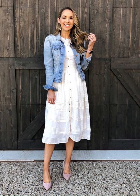 spring white dress and denim jacket outfit White Denim Jacket Outfit, Blush Heels, Jacket Outfit Women, Jean Jacket Outfits, Denim Jacket Outfit, Denim Jacket Fashion, Dress With Jean Jacket, Denim Jacket With Dress, White Denim Jacket