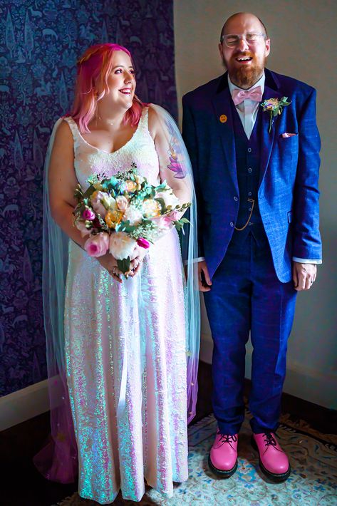 Iridescent Realness: A Super Pink & Sparkly Wedding with BTTF, Harry Potter and Idles References! · Rock n Roll Bride Opal Wedding Dress, Iridescent Wedding Theme, Alternative Wedding Dress Modern Bride, Platonic Wedding, Cyberpunk Wedding, Iridescent Wedding Dress, Campy Wedding, Festival Wedding Dress, Nonbinary Wedding