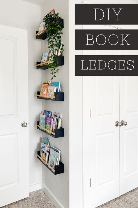 Tutorial for easy DIY book ledges - perfect for a kids' room or nursery Book Ledge Kids Room, Wood Book Shelves Wall, Book Ledge Diy, Diy Wall Bookshelves Kids, Diy Book Shelf Ideas, Diy Book Ledge, Moody Playroom, Book Ledges, Stylish Playroom