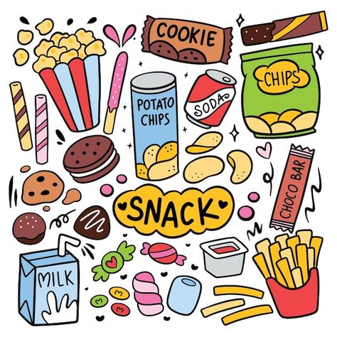 Snack Drawing Cute, Doodle Drawings Food, Drawing Of Food Easy, Food Cute Wallpaper, Foods Drawing Cute, Food Design Drawing, Food Drawing Doodles, Doodle Art Food Ideas, Kawaii Snacks Drawing