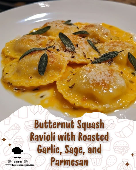 Indulge in the cozy flavors of fall with this Butternut Squash Ravioli recipe featuring roasted garlic, sage, and Parmesan. Perfect for a comforting evening meal. Butternut Squash Sage Ravioli, Butternut Squash Ravioli Brown Butter Sage, Sage Ravioli Recipe, Butternut Squash Ravioli Sage Butter, Butternut Squash Ravioli Maple Cream Sauce, Sweet Potato Ravioli Recipe, Pumpkin Ravioli Filling Recipe, Butternut Squash Ravioli With Sage Sauce, Butter Nut Squash Ravioli Sauces