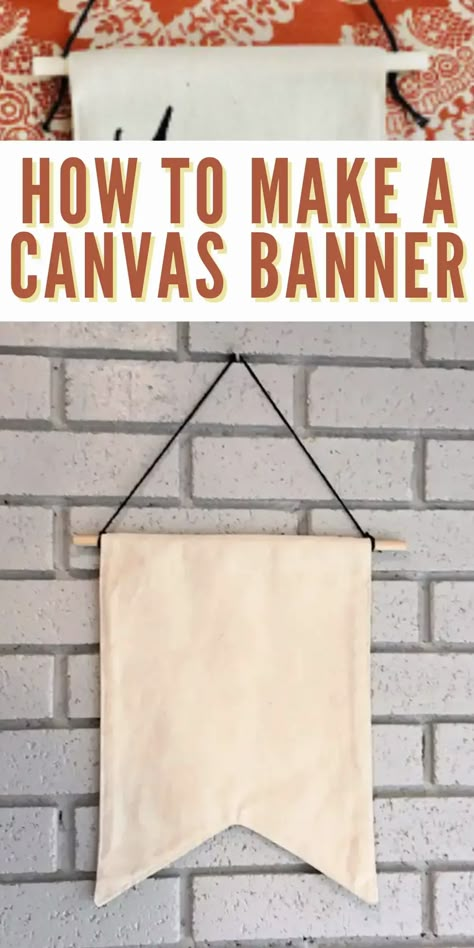 How To Make Canvas Wall Banners Painted Fabric Wall Hanging, Canvas Material Projects, Diy Flag Banner Fabric, Diy Canvas Banner Wall Hangings, Bunting Banner Design, Canvas Wall Hanging Ideas, Diy Business Banner, Diy Pendant Banner, Diy Camp Flag