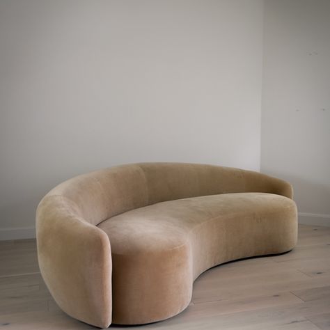 The moment has finally arrived!! 🍾 Our Golborne Sofa is officially available ✨✨ Featured here in our beautiful Straw Velvet, its sleek, curved design brings a refined sense of style to any living space. #collectionseven #curvedsofa #velvetsofa #modernsofa Curved Sofa Bedroom, Living Room With Curved Sofa, Curved Modular Sofa, Curvy Couch Curved Sofa, Anthropology Curved Sofa, Boucle Sofa Curved, Baxter Sofa, Modern Curved Sofa Uk, Curved Sofa Living Room