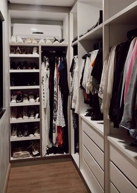 a neutral walk in closet with open storage compartments, drawers and shelves plus railings is a cool space to store your shoes and clothes Walk In Closet Size Layout, Narrow Walk In Wardrobe, Narrow Walk In Closet Ideas Layout, Small Walkin Closet Ideas, Narrow Walk In Closet Ideas, Walkin Closet Ideas, Small Walkin Closet, Narrow Walk In Closet, Narrow Closet Design