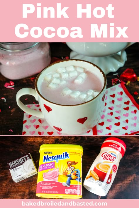 This Pink Hot Cocoa Mix is rich , creamy and full of strawberry flavor. A sweet change in routine of hot beverages everyone loves. This is super simple with only 3 easy to find ingredients. via @Baked Broiled and Basted Homemade Hot Drink Mixes, Pink Hot Chocolate Recipe, Strawberry Hot Chocolate Recipe, Flavored Hot Cocoa Mix Recipe, Powder Drink Mix Recipes, Powdered Drink Mix Recipes, Hot Drink Mixes, Strawberry Hot Chocolate, Pink Hot Cocoa