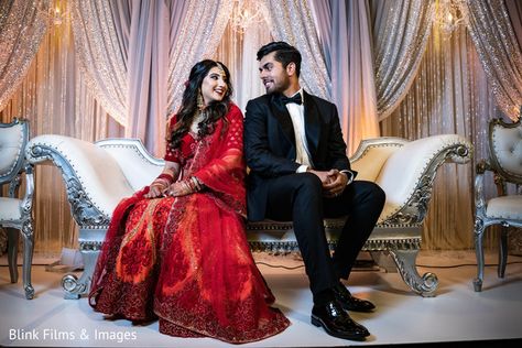 Ravishing Indian couple's wedding reception attire. Wedding Reception Indian, Wedding Reception Attire, Reception Pics, Marriage Poses, Bride Groom Photoshoot, Bride Groom Poses, Indian Bride Photography Poses, Indian Wedding Poses, Bride Photos Poses