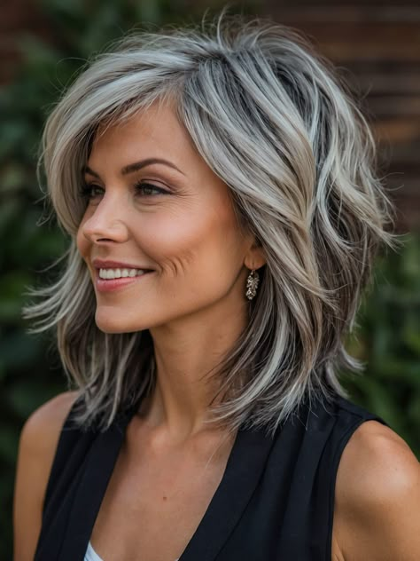 Medium Grey Hair Styles, Haircut Over 50 Medium, Hairstyles For Medium Length Gray Hair, Medium Length Haircut Gray Hair, Medium Length Grey Hair Styles Over 50, Medium Length Grey Hair With Layers, Gray Hair Shag Haircut, Haircuts For Medium Short Hair, Womens Shag Haircut Medium