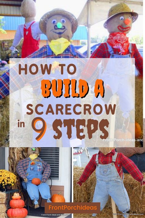 Learn how to build a scarecrow in 9 easy steps. This fun, diy Fall front porch décor is sure to be a hit with the whole neighborhood. Add this scarecrow craft to your Fall décor. Diy Large Scarecrow, Fall Scarecrow Ideas Yard, Halloween Decorations Scarecrow, Diy Cute Scarecrow Decor, How To Make A Scarecrow With A Pumpkin Head, Diy Outdoor Scarecrow Decoration, Standing Scarecrow Diy, Toy Story Scarecrow Ideas, How To Build A Scarecrow Frame