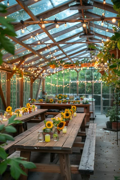 15 Greenhouse Birthday Party Inspirations Cozy Greenhouse Interior, Green House Reception, Greenhouse Garden Wedding, Garden Events Place, Greenhouse Pavilion, Green House Restaurant Design, Greenhouse Dinner Table, Greenhouse Lighting Ideas, Green House Event Space