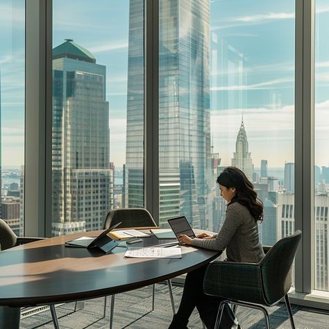 Urban Office Work: A professional woman works diligently on her laptop in a high-rise office overlooking the city. #office #cityscape #woman #skyscrapers #business #aiart #aiphoto #stockcake ⬇️ Download and 📝 Prompt 👉 https://stockcake.com/i/urban-office-work_541513_869475 Corner Office With A View, Skyscraper Office, Office Skyscraper, High Rise Office, Corporate Girl, Office With A View, Urban Office, Office View, Working Girls