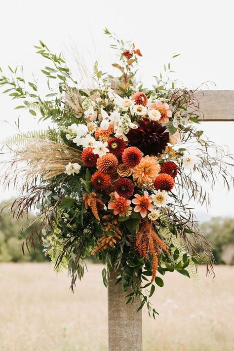 Harvest Wedding Bouquet, Rustic Flowers Arrangements, Real Fall Wedding Flowers, Fall Mountain Wedding Flowers, Rustic Wedding Floral Arrangements, Rustic Wedding Decor Summer, Fall Floral Arch, Fall Wild Flower Bouquet Wedding, Fall Wedding Arch Flowers