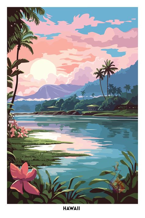 🌴 Wonderful wall art, perfect for coastal style house decor! 😃🍹🏄‍♀️ Summer Art Wallpaper, Hawaii Illustration, Star Wars Travel Posters, Beautiful Scenery Drawing, Hawaii Decor, Hawaii Poster, Hawaii Art Print, Hawaii Print, Tropical Poster