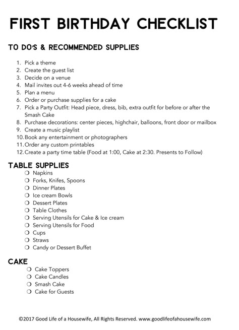 Here are some free printer friendly checklists to help you prepare for a first birthday.   SaveSave SaveSave Onederful Birthday Food Ideas, Things To Do At One Year Old Party, Birthday Preparation Checklist, First Birthday Checklist Baby, Onederful First Birthday, 1st Birthday Checklist, First Bday Ideas Boy, Boys First Birthday Party Ideas Themes, Baby First Birthday Theme