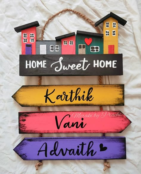 Family Wall Hanging, Home Decoration Diy Ideas, Name Plate For Home Diy, Welcome Board Diy Home Decor, Cute Wall Hanging, Home Board Ideas, Home Plate Design, New Home Diy Gift, Wooden Name Board For Home