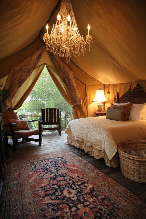 70 Glamping Tent Bedroom Inspirations - TastyInteriors Canvas Tent Camping Glamping, Glamping Design Ideas, Glampsite Ideas, Elevated Tent, Canvas Tent Living, Luxury Glamping Ideas, Glamping Tent Ideas, Tent Bedroom, Canvas Tent Camping