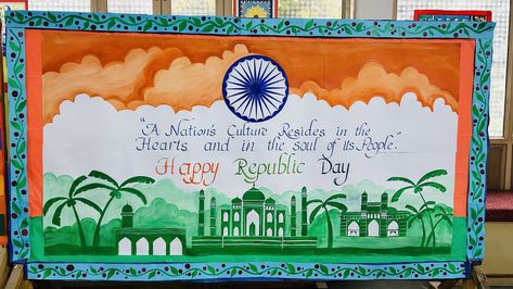 Indian Independence Day Board Decoration Ideas, Republic Day Backdrop Ideas, Republic Day Notice Board Decoration, Republic Day Poster Ideas, Independence Day Notice Board Decoration, Uae Flag Day Ideas, Independence Day Board Decoration School, Flag Day Ideas, Republic Day Poster Design