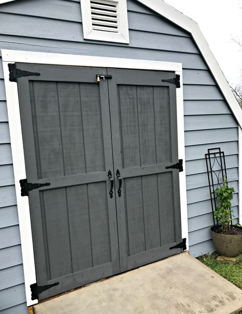 Outside Barn Doors Sheds, Shed With Barn Doors, Diy Shed Door, Farmhouse Shed, Barn Makeover, Farmhouse Sheds, Yard Storage, Barn Remodel, Exterior Barn Doors